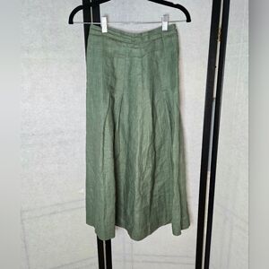 Vintage Green A-Line British Khaki Linen Pleated High-Waisted Midi Skirt Size XS
